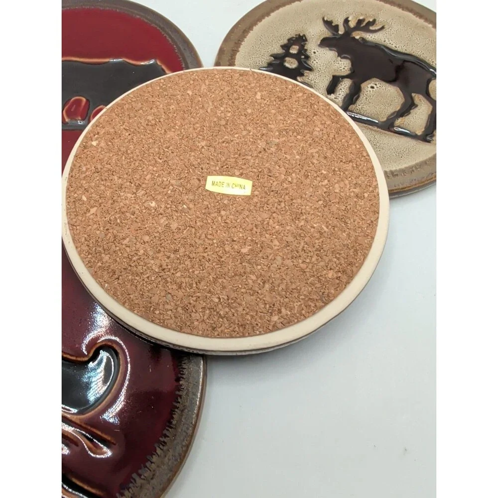 Home Studios Woodland Collection 4 Stoneware Coasters Bear Moose Canoe Pine Tree